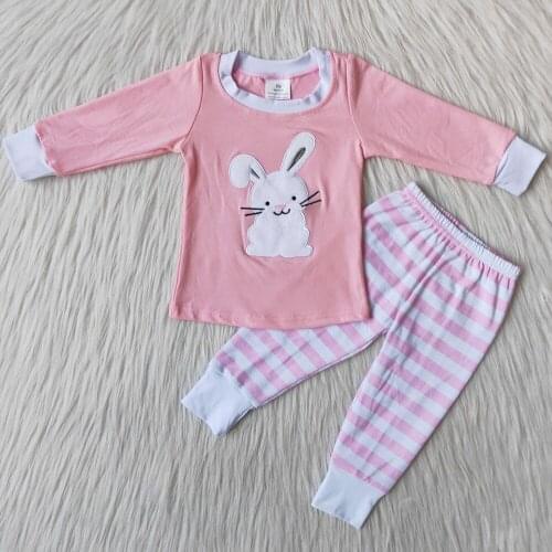 New Design Baby Girls Pajamas Embroidery Boutique Girls Pink Pajamas Easter Rabbit Kids Clothing Long Sleeves Shirt Strip Pants