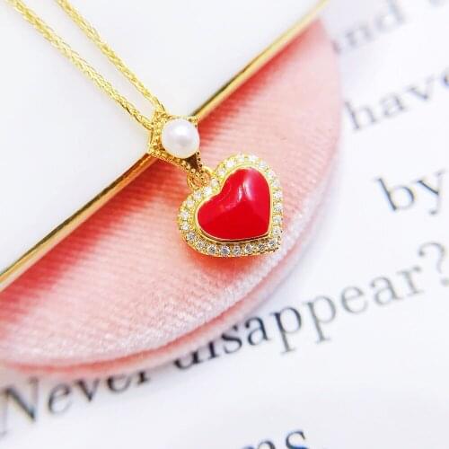 MADALENA SARARA 18K Gold Red Heart Slide Pendant Women Necklace Diamond Lady Chain Necklace Au 750 Freshwater Pearl