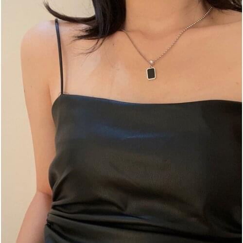 VENTFILLE 925 Sterling Silver Two-sided Letter Black Rhinestone Pendant Necklace Women Fashion Rectangle Clavicle Chain Jewelry