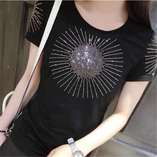 Hot Diamond T-Shirts Poleras De Mujer Moda 2021 Summer New woman Short Sleeve Rhinestone tshirt Women Tops plus size xxxl