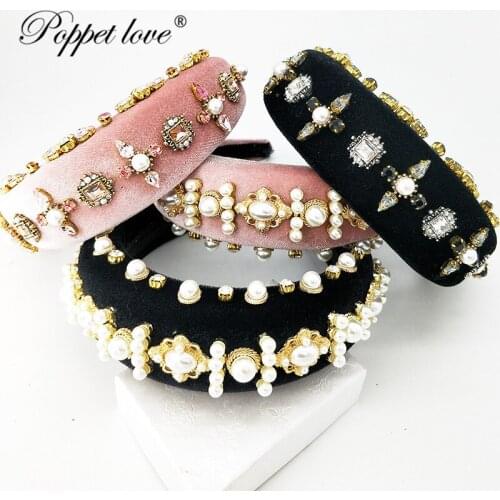 Luxury Pearl Thick Velvet female headbands for hair accessories sponge fashionable Hats 4 cm wide crystal plastic hair bands for