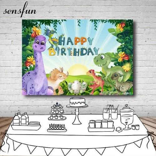 Sensfun Jurassic Dinosaur Party Photography Backgrounds Sun Boys Happy Birthday Cartoon Backdrops Custom Photo Studio
