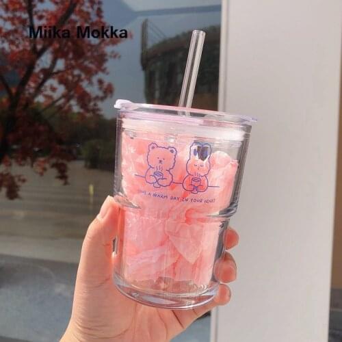 Glass Cup Ins Wind Straw Cup Korean Girl Heart Home High-value Cartoon Printing Milk Cup Large-capacity Cup Cartoon