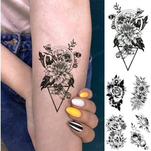 Waterproof Temporary Tattoo Sticker Leaf Flower Linear Geometric Triangle Round Tatoo Arm Hand Black Tatto Man Woman Child Mini