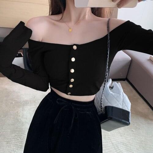 Women Simple Casual Off Shoulder T-shirts Female Summer Long Sleeve Crop Tops Sexy Slim solid Ladies Shirts Streetwear 2020 New