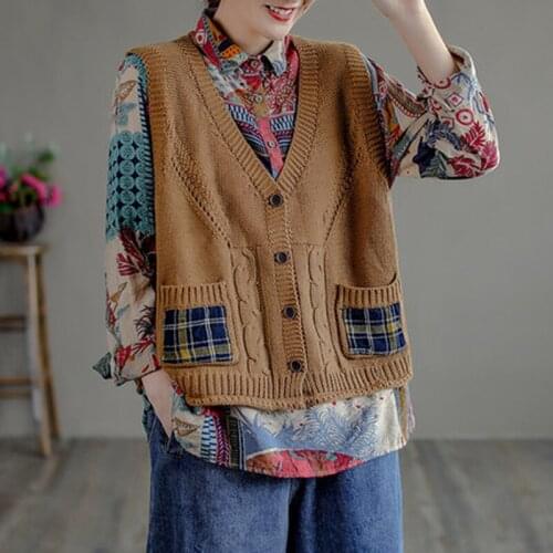 Mj2236 Women Autumn Retro Knitted Cardigan Waistcoat Fashion Plaid Pocket Patchwork Casual Sweet Girl Sleeveless Knitwear Vest