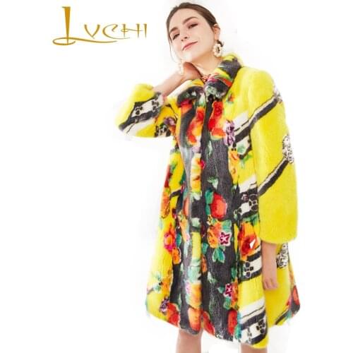 LVCHI Winter2017 Import Crown Mink Velvet Coats Gold Print Flower Womens Full Sleeve Print Mandarin Causal Long Slim Mink Coats