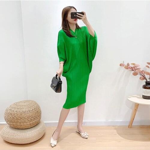 Miyake pleated V-neck autumn dress fall 2020 women green Batwing Sleeve plus size womens clothing Mermaid long dress elegant