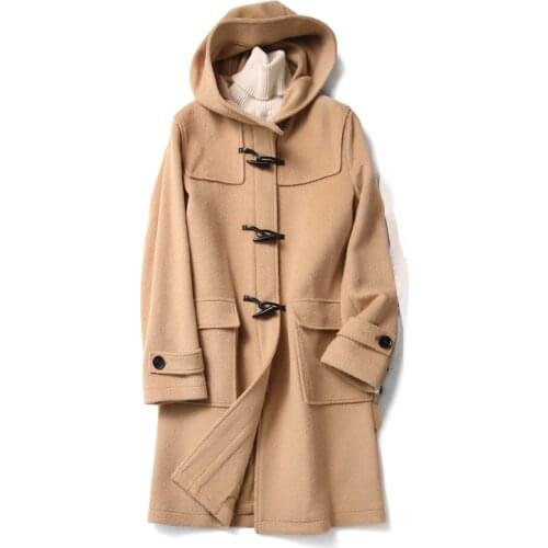 Best-selling Horn Button Woolen Coat Women Fashionable Loose Long-sleeved Hooded Cardigan Jacket 2020 Autumn and Winter New