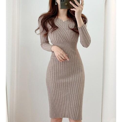 Autumn Winter Stripe Sweater Dress New Retro Sexy V-neck Long-sleeved Knitted Dress Woman Long Sleeve Bodycon Dress Vestidos