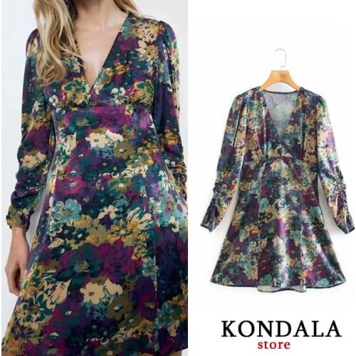KONDALA Za 2020 Women Dress Floarl Print Vintage V-Neck Mini Party Dresses Long Sleeve A-Line Vestidos Mujer