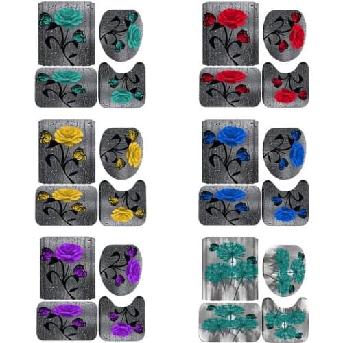 4pcs/set Christmas Printing Shower Curtain Toilet Seat Covers and Rug Bath Mat and Shower Curtain Home Bathroom Accessories Set