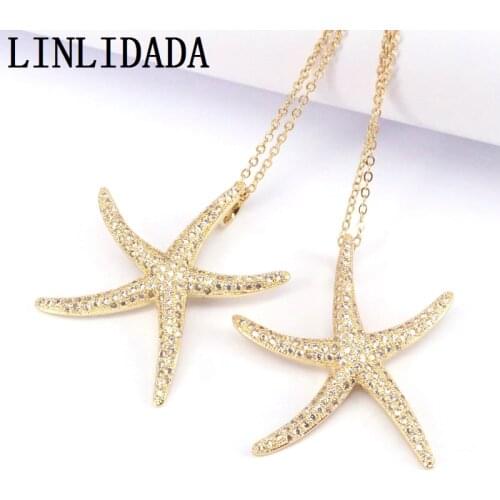 5Pcs Copper Micro Pave Clear CZ Starfish pendant, Gold Plated Star Pendant Charms Necklaces Womens Fashion CZ Jewelry