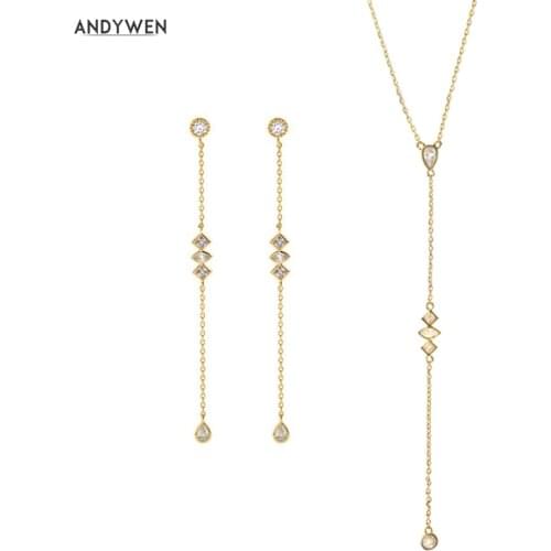 ANDYWEN 925 Sterling Silver Gold Mid long Necklace PIRAMIDE Long Earrings VERTICE Crystal CZ Fine Jewelry Set 2021 Wedding Gift