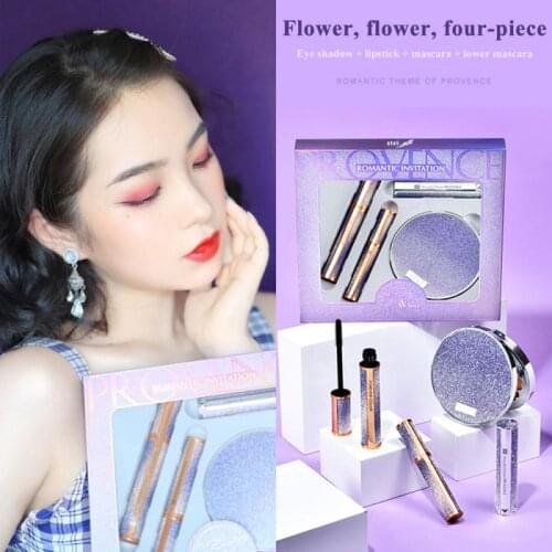 Purple 4 Pcs/set Make Up Set Mascara 12 Colors Eyeshadow Palette Lipstick Cosmetics Kit Provence Romance Christmas Gift TSLM1