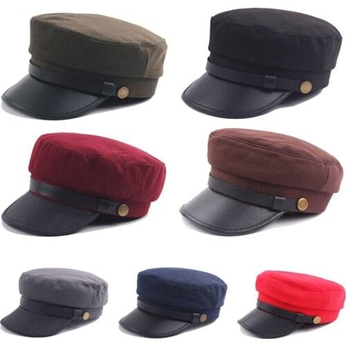 Fashion PU Leather Military Hat Autumn Sailor Hat For Women Men Black Grey Flat Top Female Travel Cadet Hat Captain Cap Berets