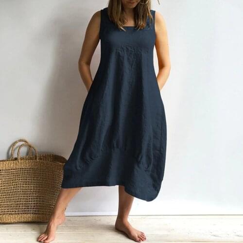 Summer Linen Dress Women Sleeveless Beach Dress Casual Pocket Loose Dress Female O-neck Plus Size Dress Fashion Clothing #T3G