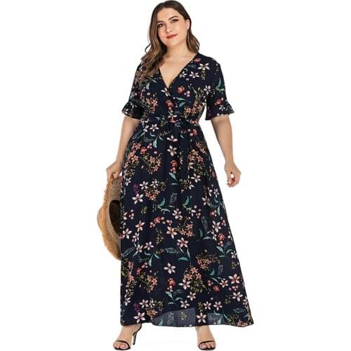 2021 New Plus Size 5XL Women Summer Floral Boho V Neck Ruffles Short Sleeve Flower Maxi Long Dresses Belted Ladies Tunic Dress
