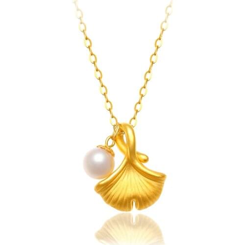 NYMPH Real 24K 999 Gold Ginkgo Biloba Pendant Necklace and Natural Pearl Pure 18K AU750 Chain Fine Jewelry Gift for Women D562