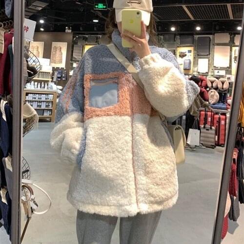 New Winter Lamb Wool Coat Women Plus Velvet Thicken Small Fragrance Wind Korean Style Loose Short Stitching Lambswool Outerwear