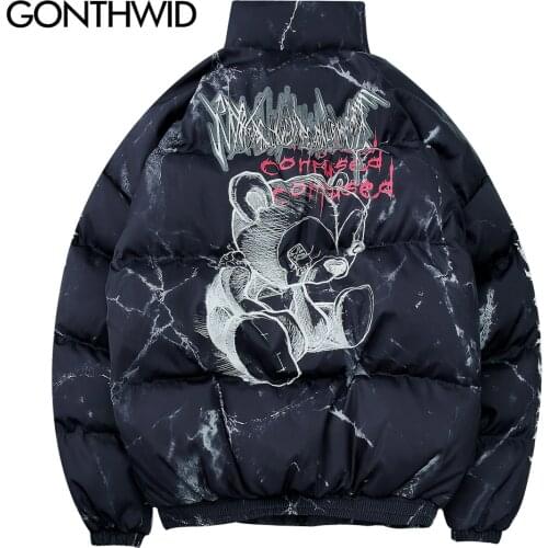 GONTHWID Cotton Padded Thick Parkas Jackets Streetwear Hip Hop Graffiti Bear Print Zipper Winter Coats Mens Fashion Casual Tops