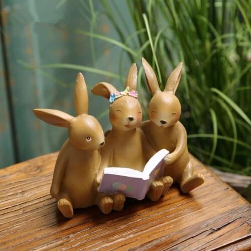 Resin Rabbits Family Reading Book Home Garden Animals Decoration