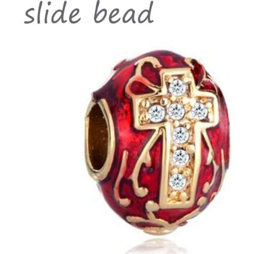 Slider bead Red Cross enamel Faberge egg-shaped charm beads Fit Pandora Bracelet European Women DIY gift