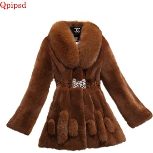 Plus Size 5XL 2020 Winter Women Whole Skin Rex Rabbit Fur Long Coat Female Fox Fur Collar Women High Quality Faux Fur Slim Coats