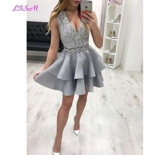Sexy Deep V-Neck Gray Homecoming Dress Lace Prom Dresses Sleeveless Formal Party Gowns