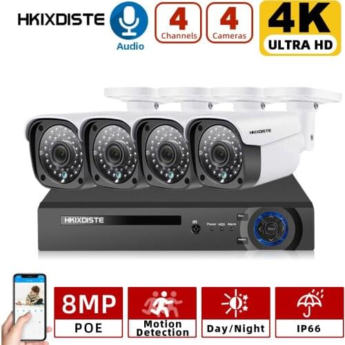 H.265 4CH 8MP POE NVR 4K CCTV System 8.0MP Audio Record Outdoor Waterproof Motion Detection AI Camera Set Video Surveillance Kit