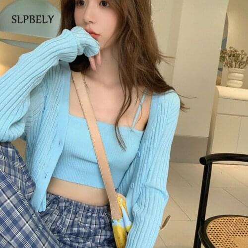 SLPBELY Women Two Pieces Sweater Set Spring Autumn Fashion Casual Loose V-Neck Cardigans Sweater+Sling Knitted Crop Top Clothing