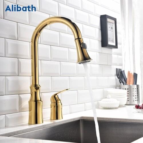 Kitchen Faucet Brass Gold Pull Out Kitchen Sink Water Tap Single Handle Mixer Tap 360 Rotation Kitchen Shower Faucet