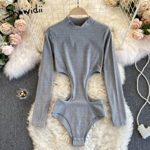 Syiwidii Jumpsuit Women Stand Collar Bodysuit 2021 Summer New Fashion Sexy Hollow Out Long Sleeve High Waist Casual Romper Black