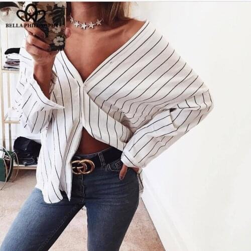 Bella Philosophy Ladies Long Sleeve V Neck Striped Blouse Casual Spring Summer Shirt Loose Cotton Clothes Tops White Tops 2019
