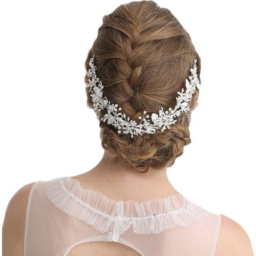 SLBRIDAL Silver Color Rhinestones Crystal Freshwater Pearls Wedding Headband Bridal Hair Vine Hair Accessories Women Jewelry