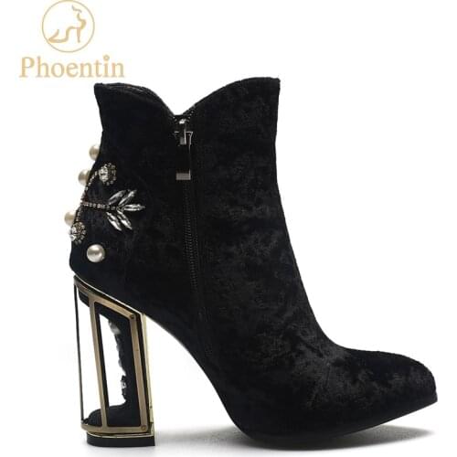 Phoentin crystal flower studded ankle boots pearl metal fretwork super high heels beautiful zipper women boots red shoes FT270