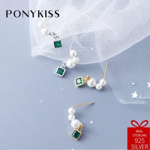 PONYKISS Romantic Real 925 Sterling Silver Chic Pearl Square Green Zircon Dangle Drop Earrings Women Party Fine Accessory Gift