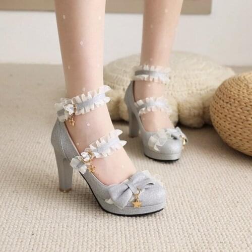 Girls Sweet Lolita Ruffles Bowknot Lace Bridal Wedding Mary Jane Shoes Women High Heels Princess Dress Plus Size 32-43 2118-15