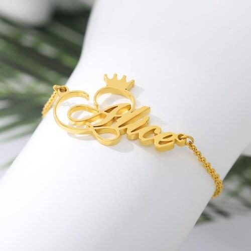 Custom Nameplate Bracelet Personalized Name Stainless Steel Crown Bracelet For Women Girl Charms Handmade Engraved Bangle Gift