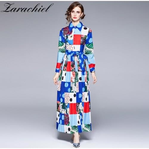 2021 Autumn Holiday Loose Long Robe Dress Women Long Sleeve Blue Plaid Flower Printed Pleated Maxi Vestidos Lace Up Belt Clothes