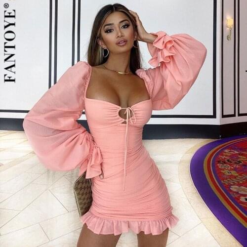 Fantoye Puff Sleeve Sexy Backless Lace Up Women Dress Green Long Sleeve Square Collar Ruched Dress Autumn Skinny Party Clubwear