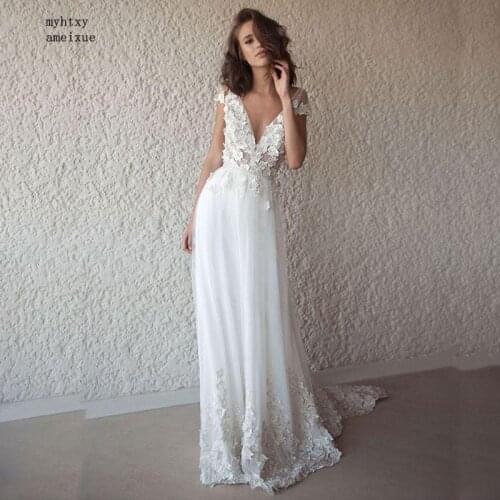 2020 New Sleeveless Tulle V-neck Sweep Train Floor-length Zipper Beach Tank Cheap Boho Wedding Dress Plus Size Vestido De Noiva