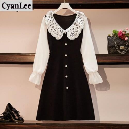 Cyanlee plus size women vintage lace patchwork dress elegant office long sleeve v neck fashion autumn winter sweater dresses