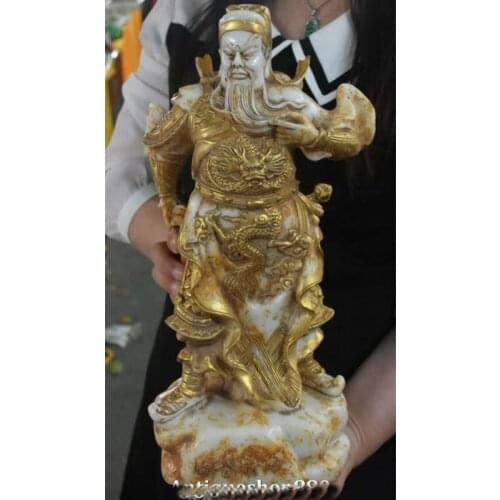 14" China Old Jade Gilt Carving Dragon Guan Gong Guangong Yu Warrior God Statue