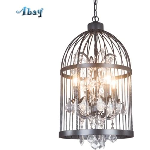 American Country Crystal Birdcage Pendant Lights Vintage Retro Industrial Living Room Restaurant Shop Rust Color Lamps Fixtures