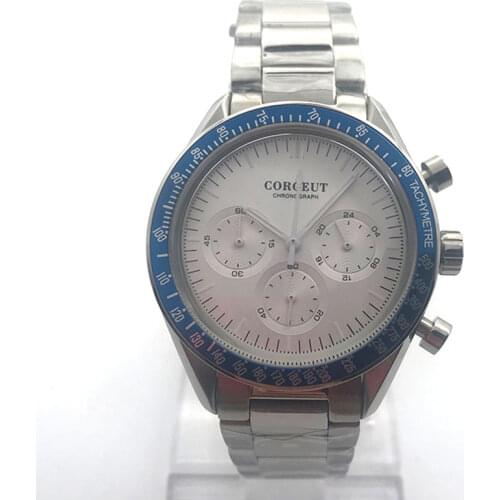 Corgeut 40mm Mens Quartz Watches White Dial Blue Bezel Multifunction Sport 24 Hours Top Brand Luxury Full Steel Case Bands Clock