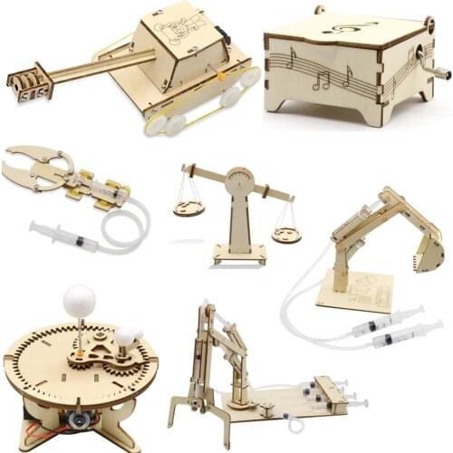 Kids DIY Science Toys Educational Scientific Experiment Kit Wood Tank / Music box / Balance/ Mechanical forceps/Excavator/Clock