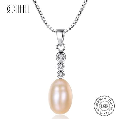 DOTEFFIL 925 Solid Silver Box Chain Pearl Necklace Pendant 7-8MM Pearl Natural Freshwater Pearl Jewelry Link Women Party Gift