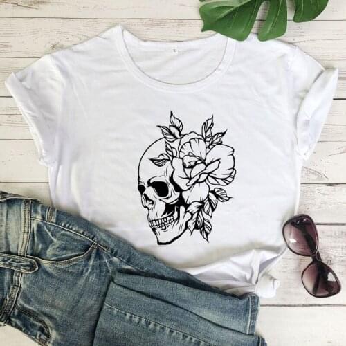 Floral Skull Pure Cotton T-shirt Nature Skeleton Illustration Boho Tees Tops Fashion Women Short Sleeve Hipster Graphic Tshirt