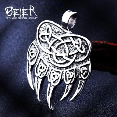 Beier stainless steel Amulet Viking Slavic God Symbol Warding Veles Bear Paw with lucky knot Pendant Necklace Jewelry BP8-291